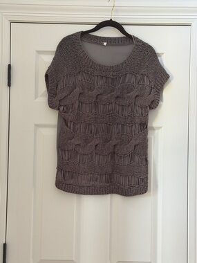 Designer looking gray Short Sleeve Top with sheer and woven look